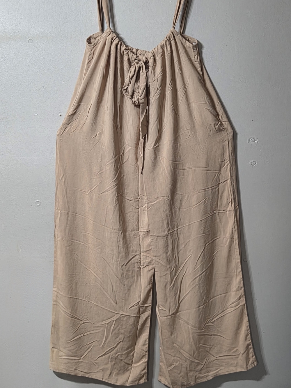 Zenana Outfitters Neutral Beige Wide-Leg Spaghetti Strap Jumpsuit